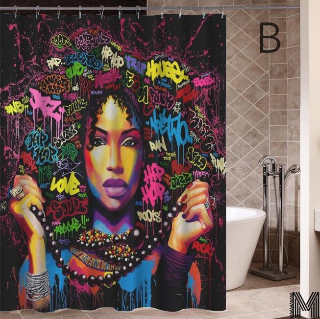 Art Design Graffiti African Girl with Black Hair with Modern Building Shower Curtain for Bathroom Decor - Minihomy