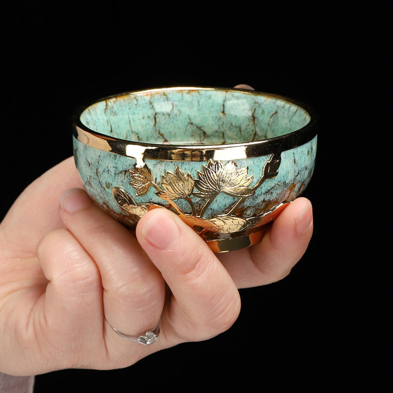 Golden Inlaid Jade Teacup Kiln Changed Hand-drawn Household Kung Fu Tea - Minihomy