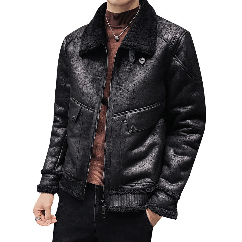 Men Faux Leather Jacket Warm Velvet Collar Outwear - Minihomy