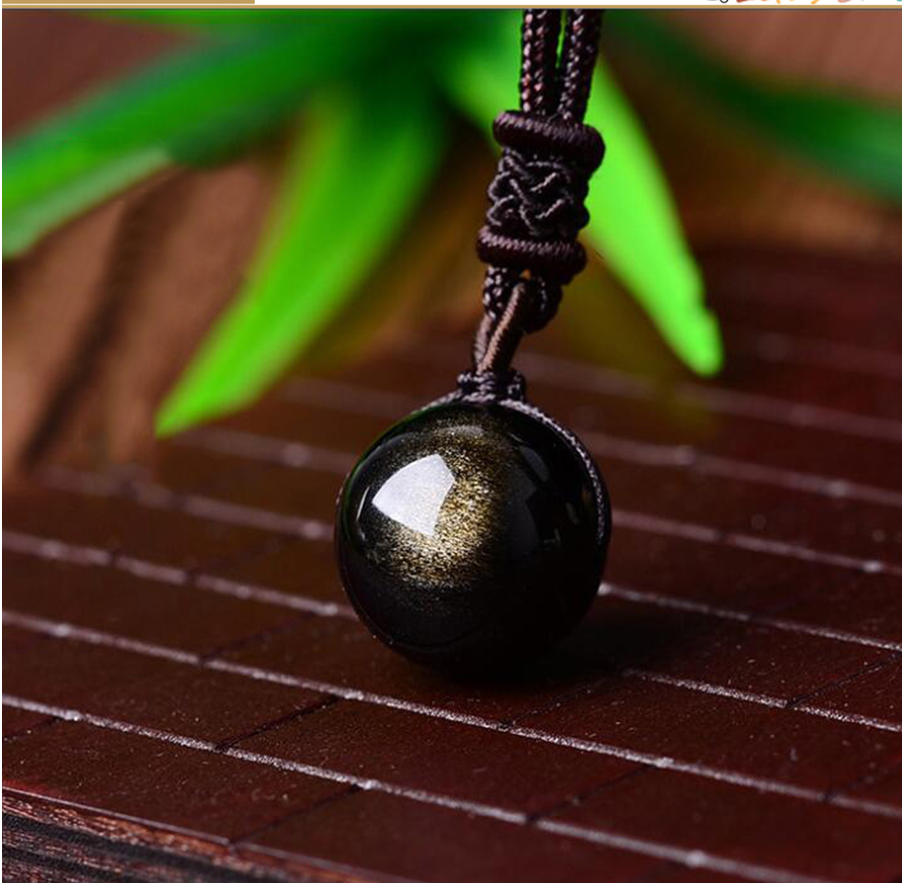 Natural Obsidian Stone Pendant Necklace with Lucky Transfer Beads in Black and Gold for Lovers - Minihomy