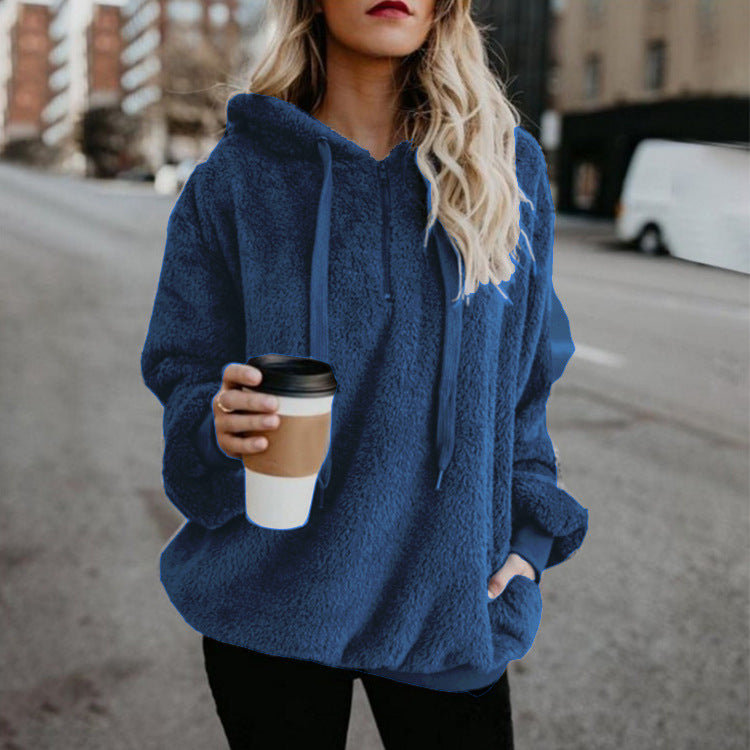 Plus Size Fall Winter Long Sleeve Plush Hooded Shirt Warm Sweatshirt