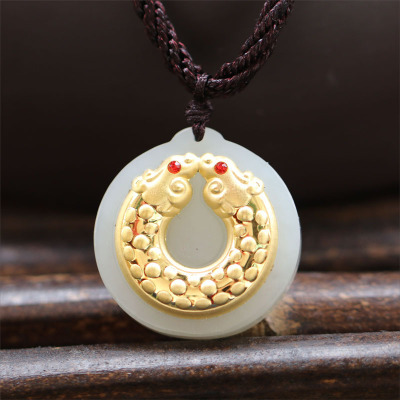 Ping An Buckle Gold Inlaid Double Dragon Jade Pendant - Minihomy