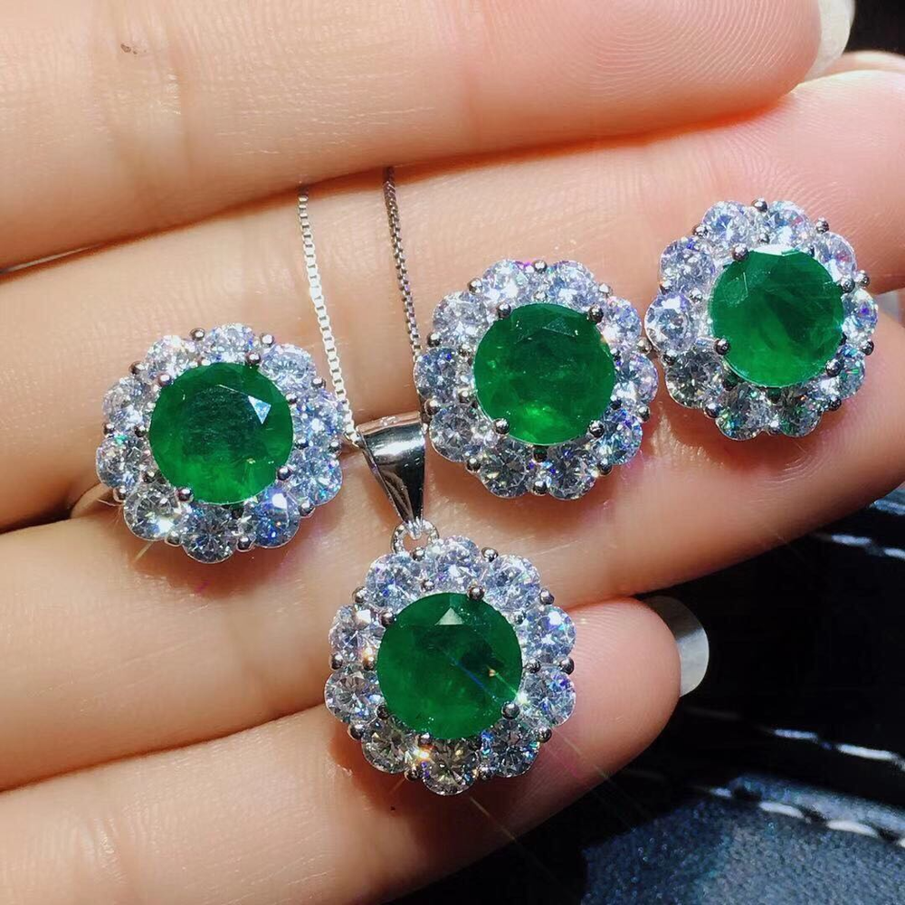 Colombian Emerald Ring Pendant Earring Set - Minihomy