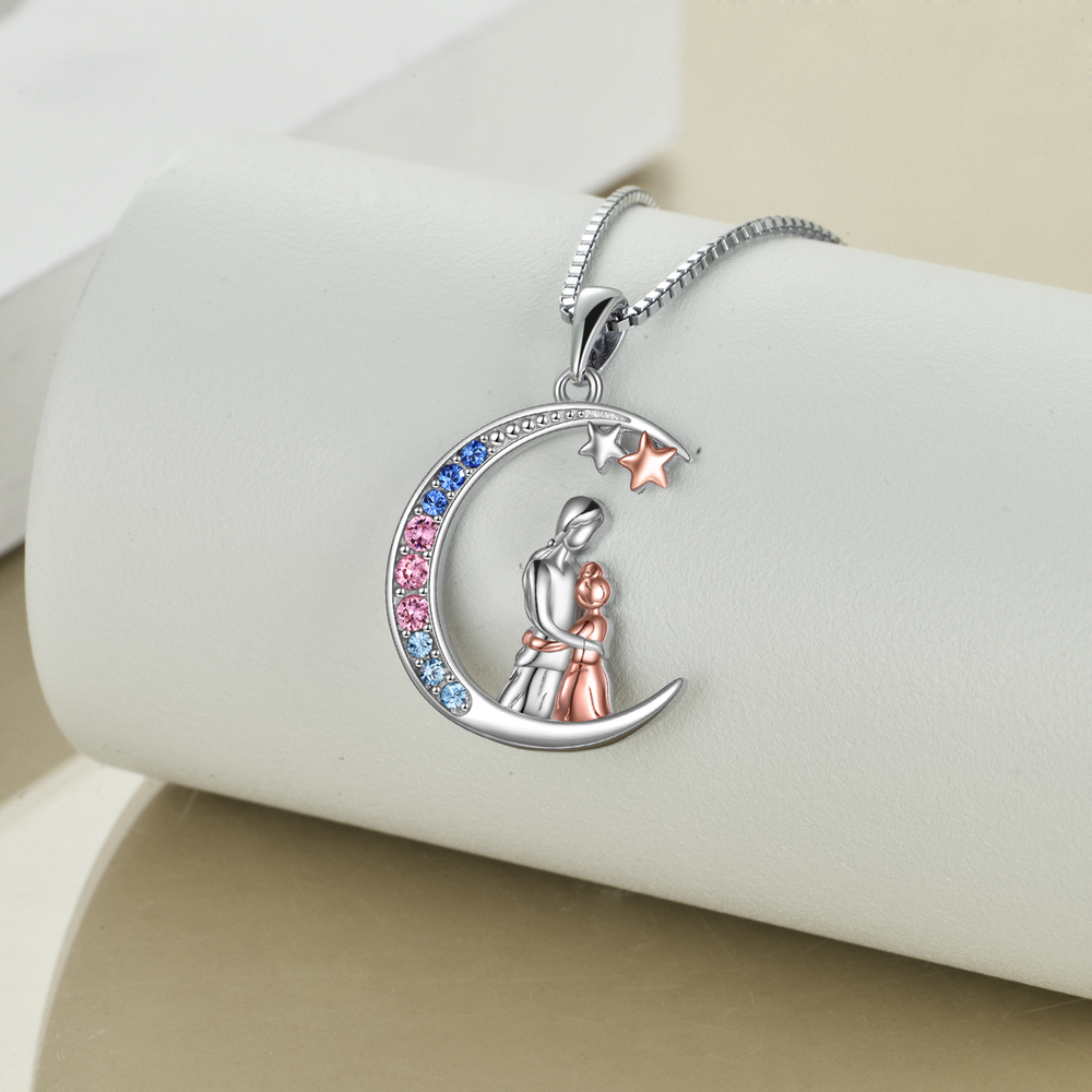 Crescent Moon Family Necklace for Women Teens Sterling Silver Jewelry with Crystal - Minihomy