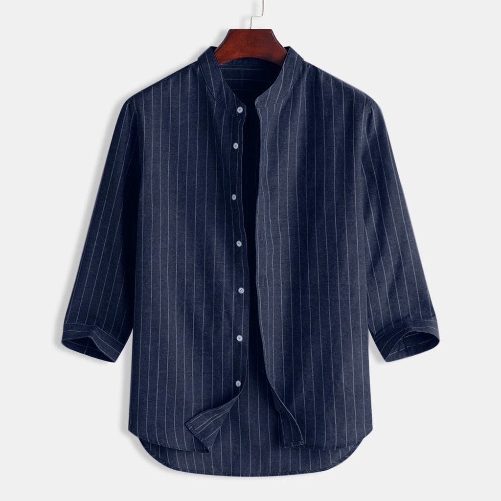 Striped Linen Three Quarter Sleeve Men's Shirt