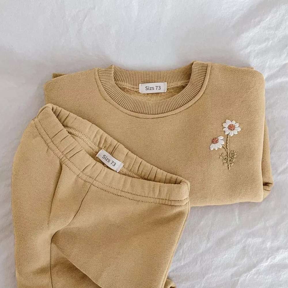 Baby Girls Clothes Set Fleece Embroidery Daisy Pullover Sweatshirt+Jogger Pants Set - Minihomy