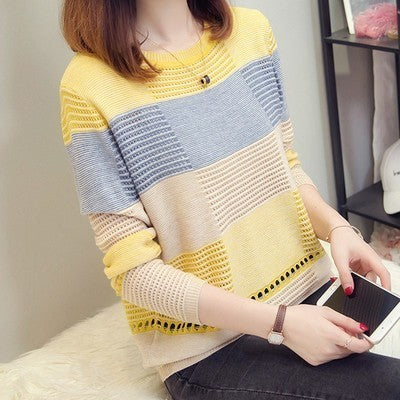 Women's Korean Style Color Matching Loose Striped Long Sleeves