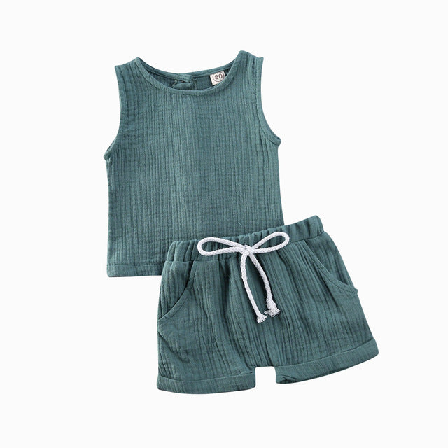 Toddler Baby Girls Solid Sleeveless Button-Down Tops Short Pants Set