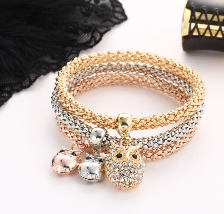 3 Pieces Set Crystal Bead Bracelet for Women Decorated with Crystal Owl Charm