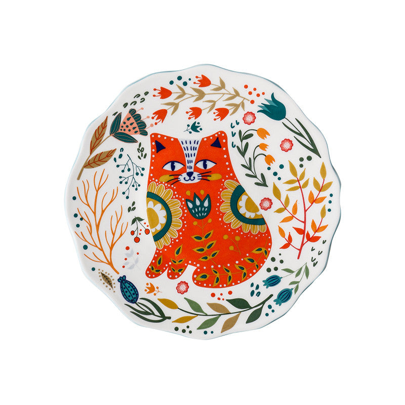 Cartoon Lucky Cat Round Plate Ceramic Color Dinner Plate Dish Plate Nordic Tableware - Minihomy