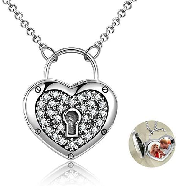 Locket Necklace 925 Sterling Silver Heart Lock and Key Jewelry that Holds Pictures - Minihomy