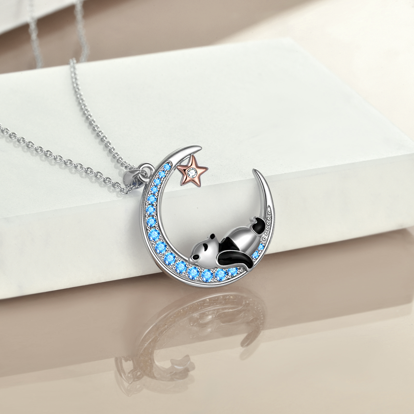 Sterling Silver Panda  Animal Moon Star Blue Pendant Necklace Jewelry Gift