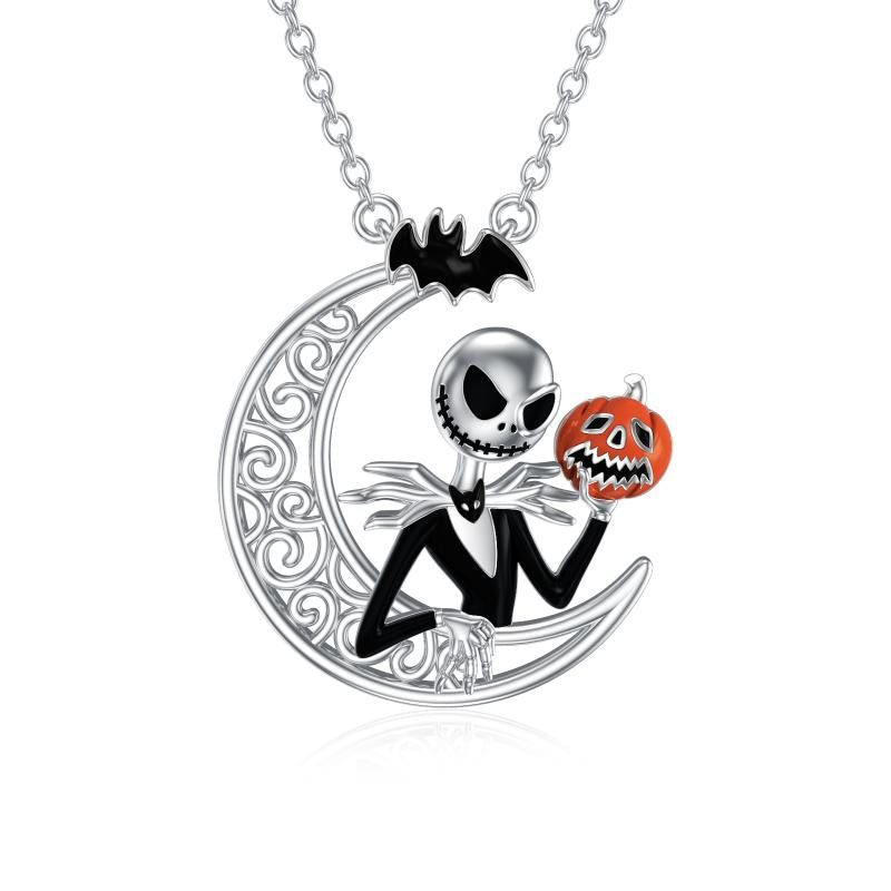 925 Sterling Silver Moon Jack Skellington and Pumpkin Pendant Necklace Skull Christmas Jewelry Gifts for Women Girlfriend Couple