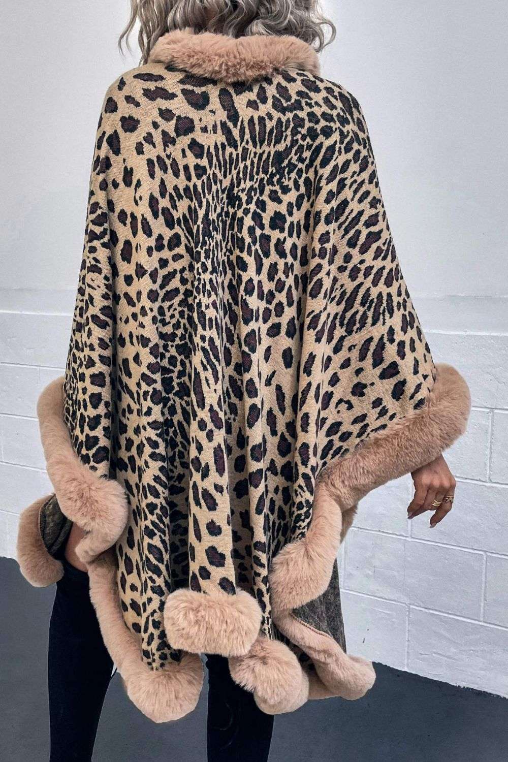 Animal Print Faux Fur Trim Poncho Jacket - Minihomy