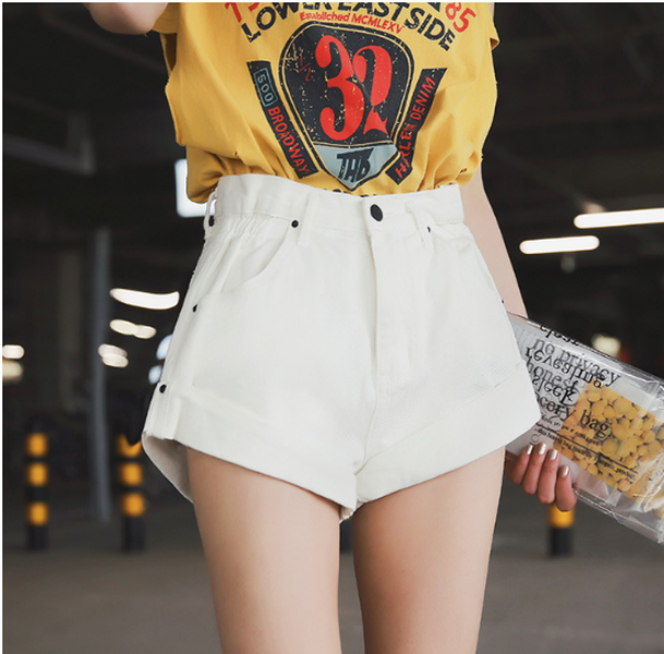 High waist denim shorts female elastic waist cuff wide leg pants shorts - Minihomy