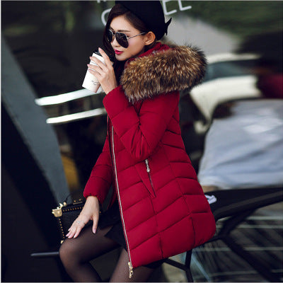 Mid-length Slim Cotton Jacket Large Fur Collar Down Jacket - Minihomy