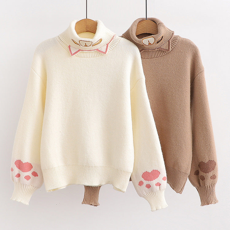 Women's Autumn Half Turtleneck Kitten Embroidered Knit Sweater