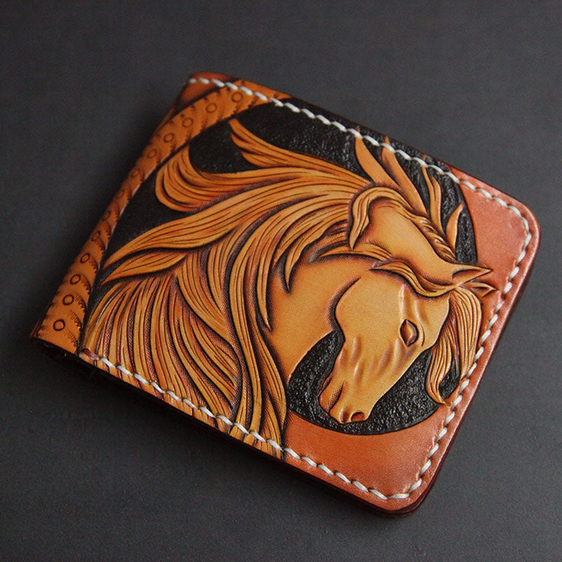 First Layer Cowhide Handmade Leather Carving Wallet Short Carp Couple Gift - Minihomy