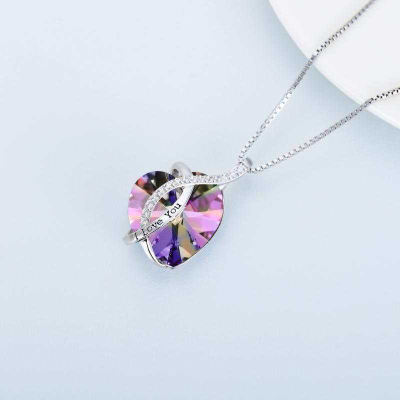 Sterling Silver Blue Purple Heart Pendant Necklace Embellished With Crystals From Austria Fine Anniversary Birthday Jewelry Gifts For Women