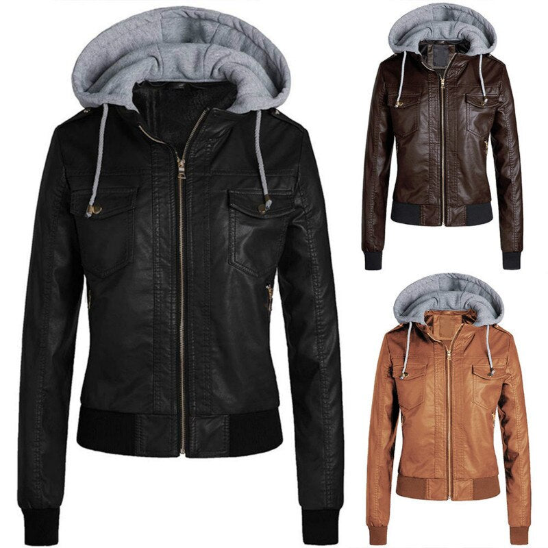 Autumn Winter Faux Leather Drawstring Hooded Thickened Short Zip Jacket - Minihomy