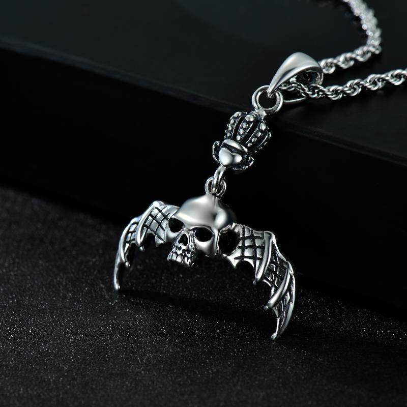 Gothic Skeleton Pendants Necklace with Bat Crown for Men Sterling Silver Matte Gift for Teens