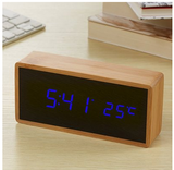 Bamboo Wooden Mirror Alarm Clocks Temperature Sounds Control Desktop Clock