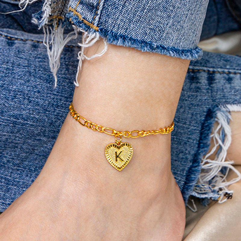 Initial Letter Anklet Gold Color Heart Pendant Foot Bracelets Women - Minihomy