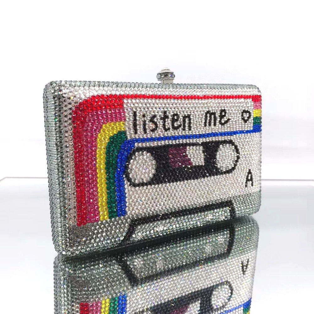 Cassette Tape Clutch Women Crystal Evening Bag - Minihomy