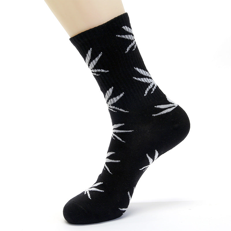 Threaded Tube Maple Leaf Printed Cotton Socks