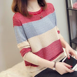 Women's Korean Style Color Matching Loose Striped Long Sleeves