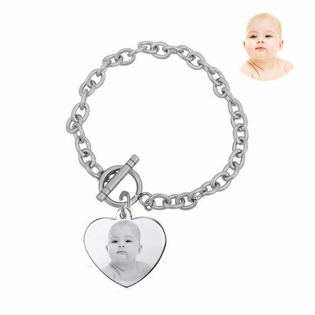 Photo Name Engraved Heart Charm Bracelet For Female Mama Grandma - Minihomy