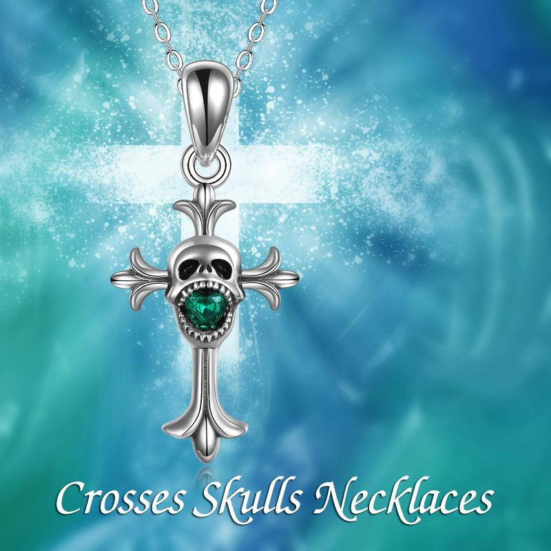 Sterling Silver Skull Cross Necklaces Faith Pandent Green Crystal Halloween Necklace