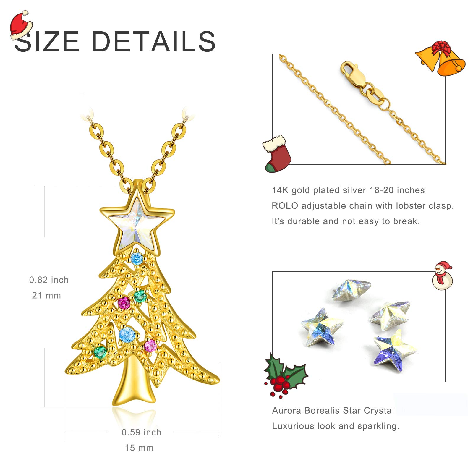 Christmas Gold Plated Tree Necklace with Crystal Jewelry Gift for Women and Girls