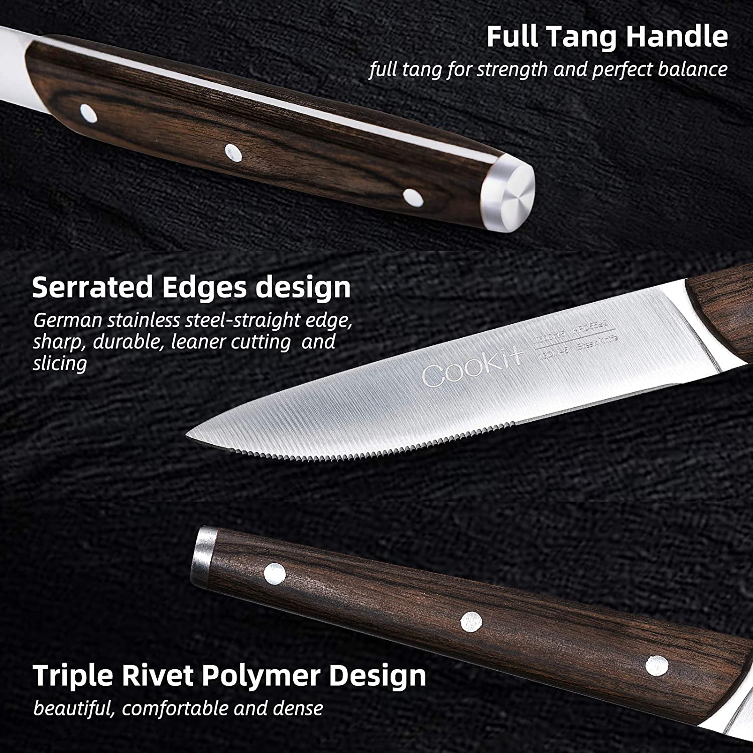 6Pcs Steak Knife Set Serrated Stainless Steel Utility with Wooden Handle for Home Dining Restaurant - Minihomy