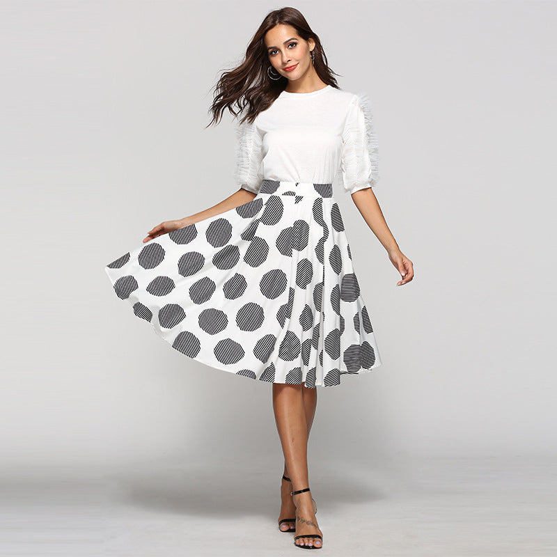 Large Polka Dot Round Slim Fit Mid-Length Skirt With Large Hem - Minihomy