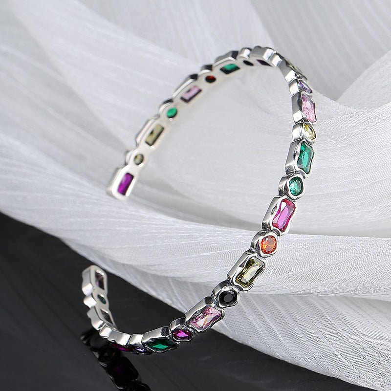 Vintage Style Geometric Diamond Inlaid Rainbow Zircon Sterling Silver Heavy Industry Irregular Bracelet