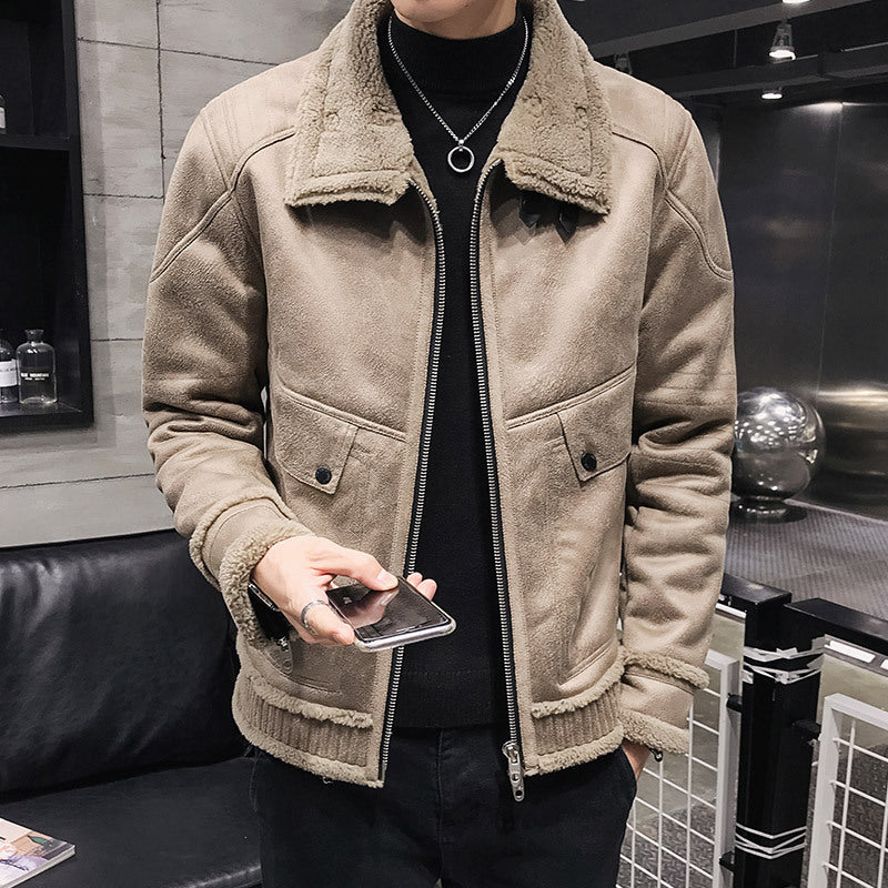 Men Faux Leather Jacket Warm Velvet Collar Outwear - Minihomy