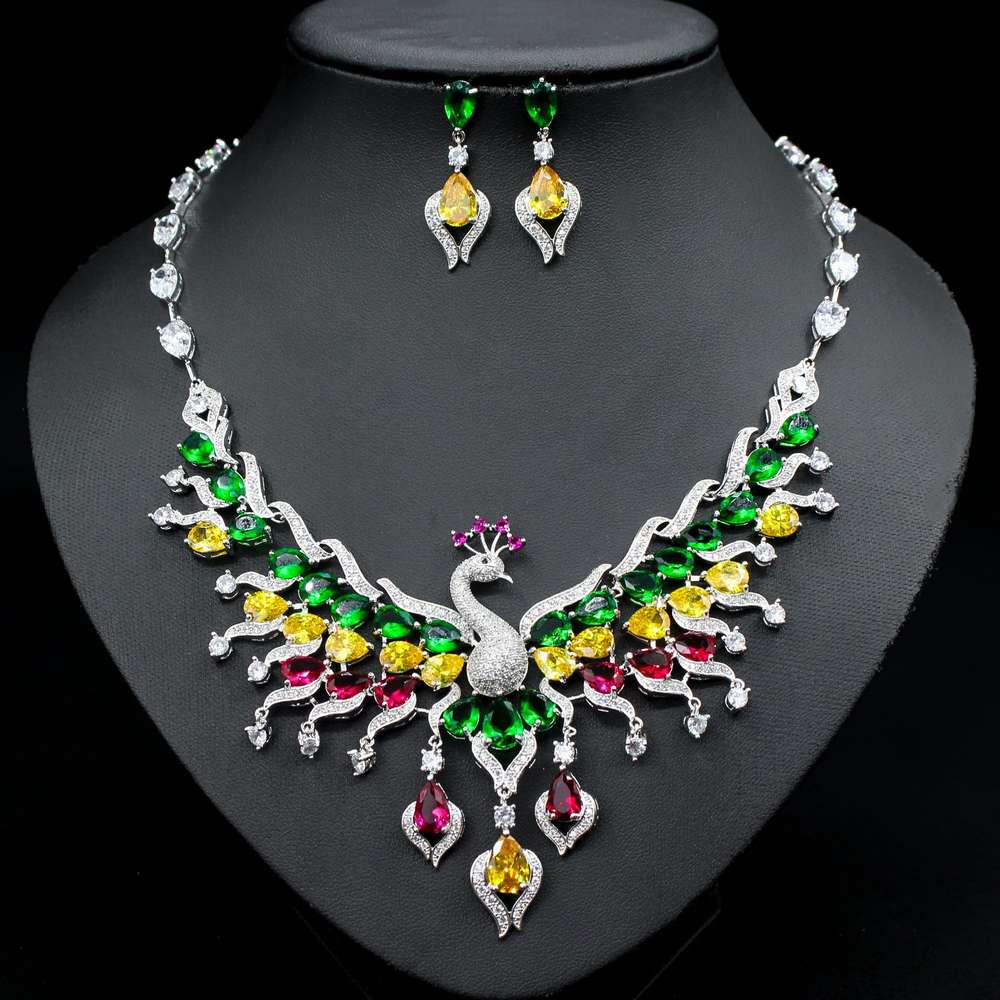 Ethnic Style Zircon Peacock Earring Set Tassel Colorful Clavicle Necklace Jewelry Set - Minihomy