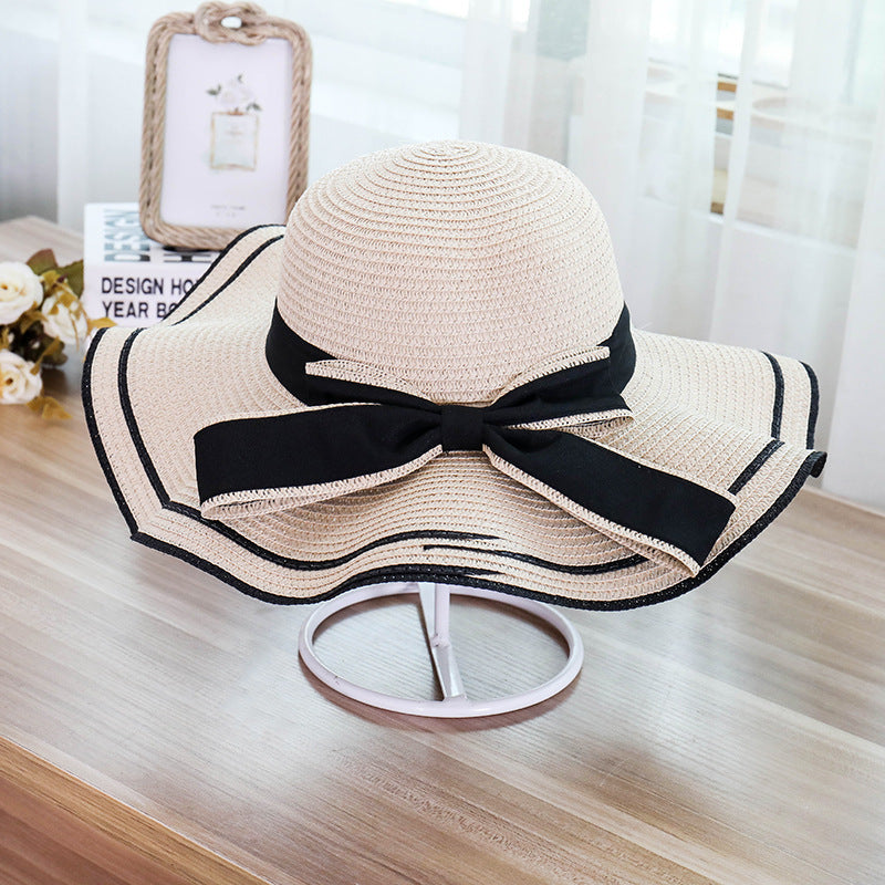 Summer seaside vacation beach hat bow ribbon female sunscreen straw hat folding