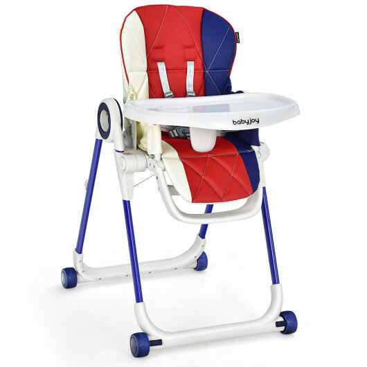 Baby High Chair Foldable Feeding Chair with 4 Lockable Wheels-Red - Color: Red