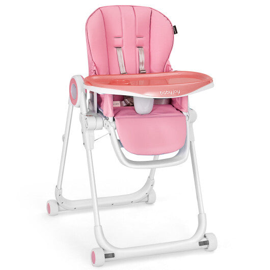 Baby High Chair Foldable Feeding Chair with 4 Lockable Wheels-Pink - Color: Pink