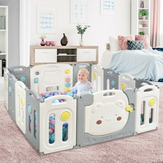 14-Panel Foldable Baby Playpen Safety Yard with Storage Bag - Color: Gray & White