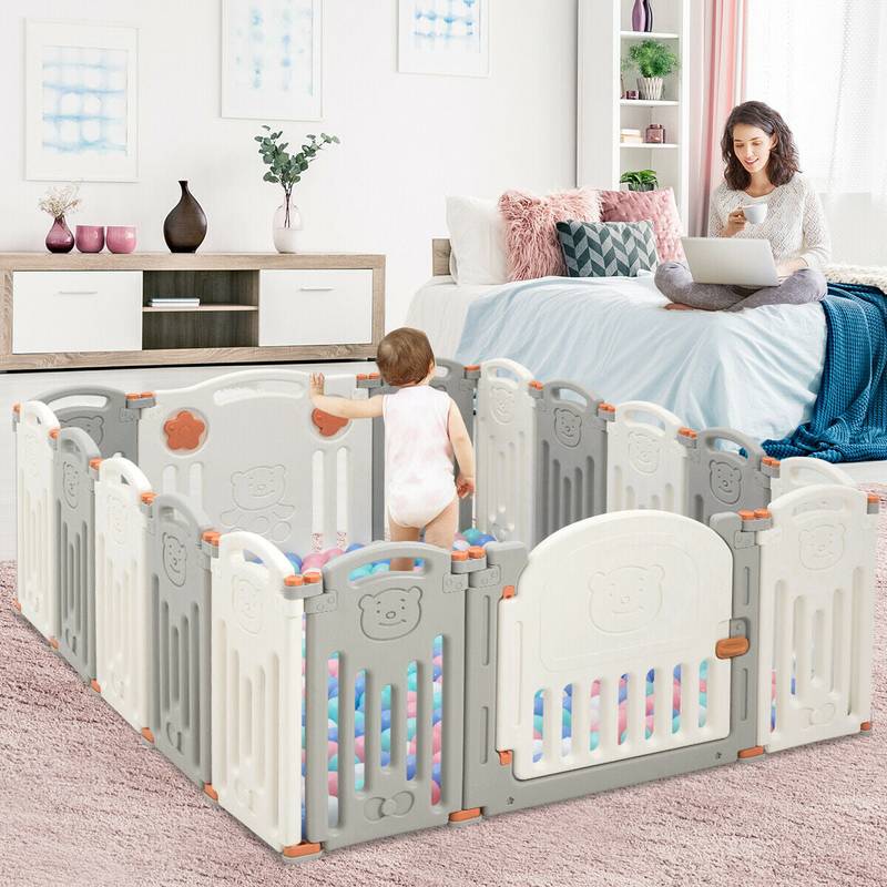 16 Panel Activity Safety Baby Playpen w/ Lock Door-Beige - Color: Beige - Minihomy