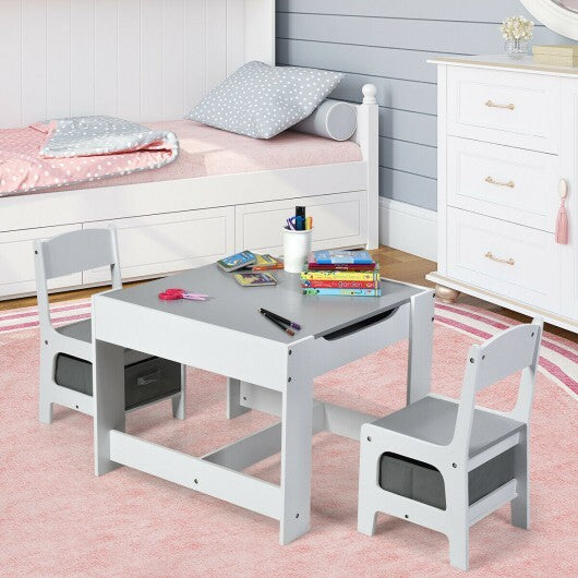 Kids Table Chairs Set With Storage Boxes Blackboard Whiteboard Drawing-White - Color: White