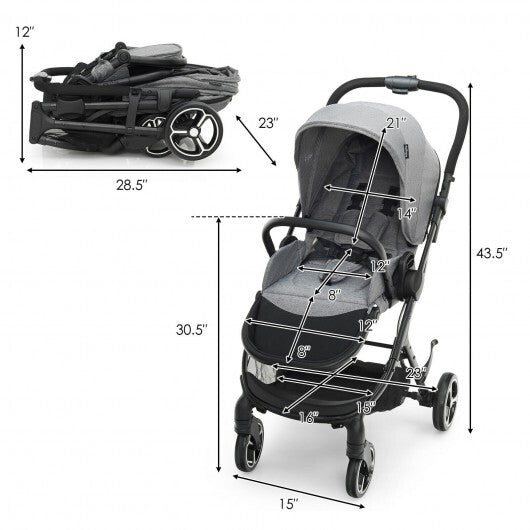 High Landscape Foldable Baby Stroller with Reversible Reclining Seat-Gray - Minihomy