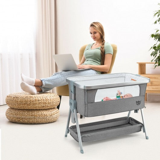 Baby Bed Side Crib Portable Adjustable Infant Travel Sleeper Bassinet-Gray - Color: Gray - Minihomy