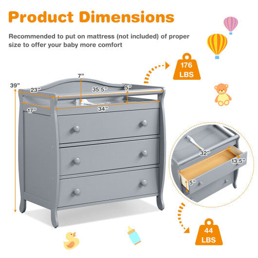 Baby Changing Table Infant Diaper with 3 Drawers and Safety Belt-Gray - Color: Gray - Minihomy