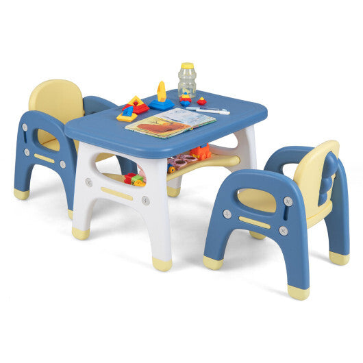 Kids Table and 2 Chairs Set with Storage Shelf and Building Blocks-Blue - Color: Blue