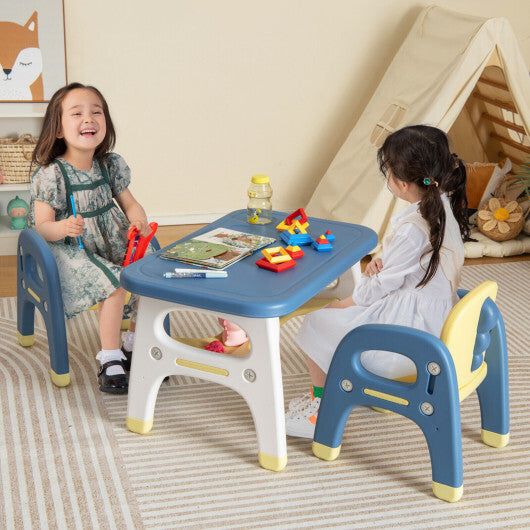 Kids Table and 2 Chairs Set with Storage Shelf and Building Blocks-Blue - Color: Blue