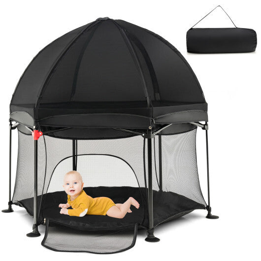 53 Inch Outdoor Baby Playpen with Canopy and Carrying Bag Portable Play Yard Toddlers-Black - Color: Black